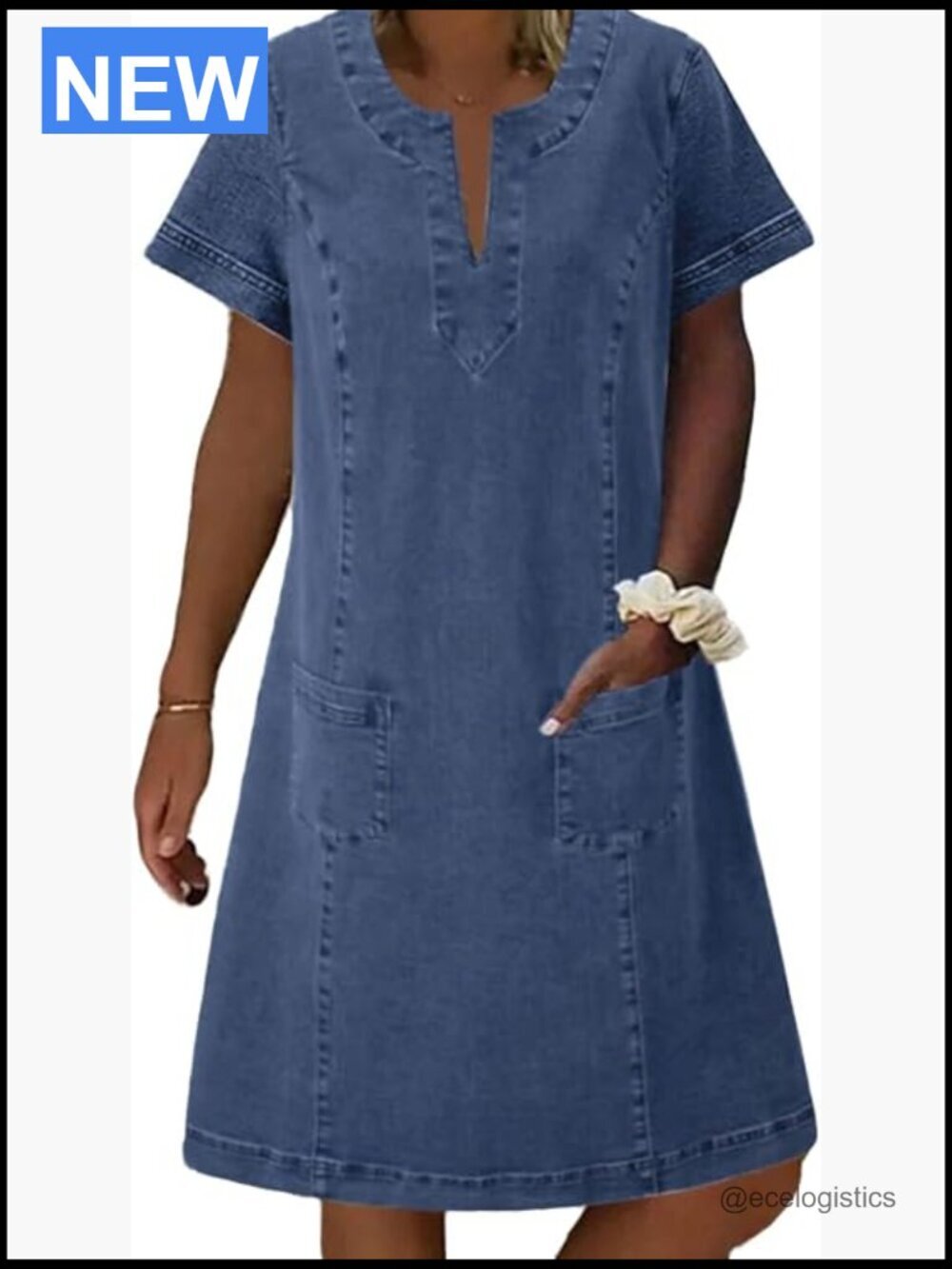 Casual Denim Shift Dress with V-Neck and Pockets